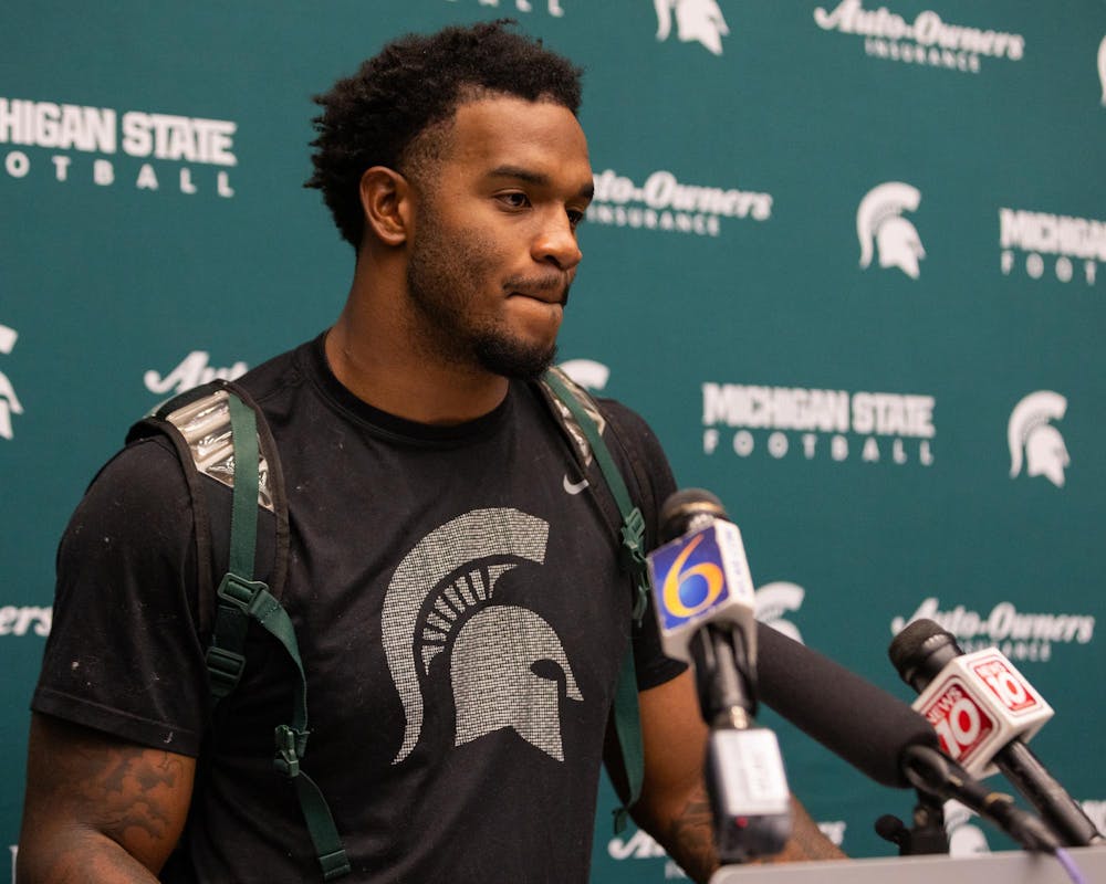 <p>Michigan State LB, Jordan Hall, answers questions during a press conference in the Skandalaris Football building in East Lansing, Mich., on Aug. 6, 2026.</p>
