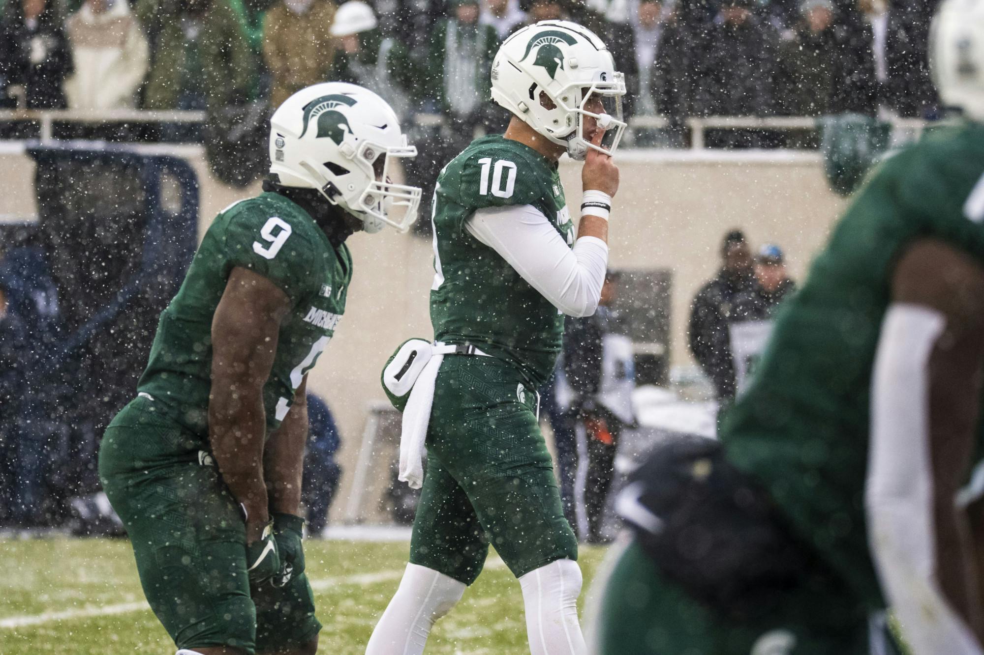 <p>Thorne (10) and Walker (9) in the Spartan’s game against the Penn State Nittany Lions at Spartan Stadium on Saturday, Nov. 27, 2021. </p>