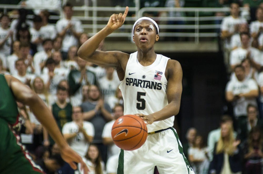 Freshman guard Cassius Winston (5) signals to a teammate during the game against Mississippi Valley State on Nov. 18, 2016 at Breslin Center. The Spartans defeated the Delta Devils, 100-53.