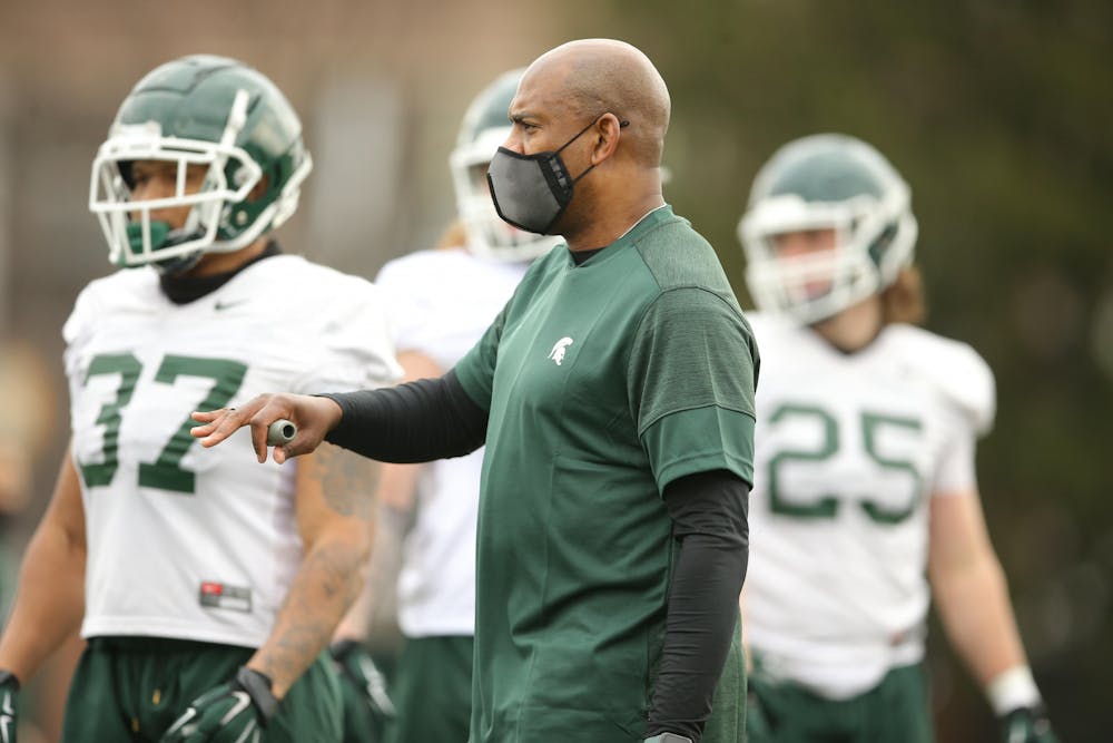 <p>Head Coach Mel Tucker directs drills during MSU football&#x27;s opening day of spring practice on Tuesday, March 23, 2021.</p>