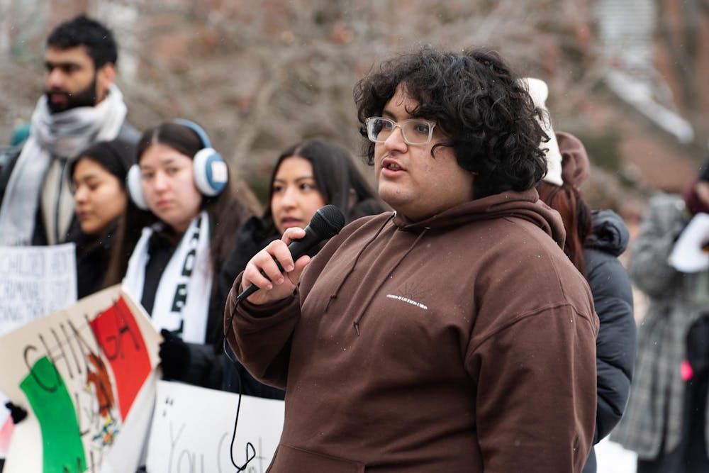 <p>Culturas de las Razas Unidas (CRU) president, Rafael Gordillo Serrano, speaks to ICE protesters at Michigan State's Hannah Administration Building in East Lansing, Michigan on Thursday, Jan. 29, 2026.</p>