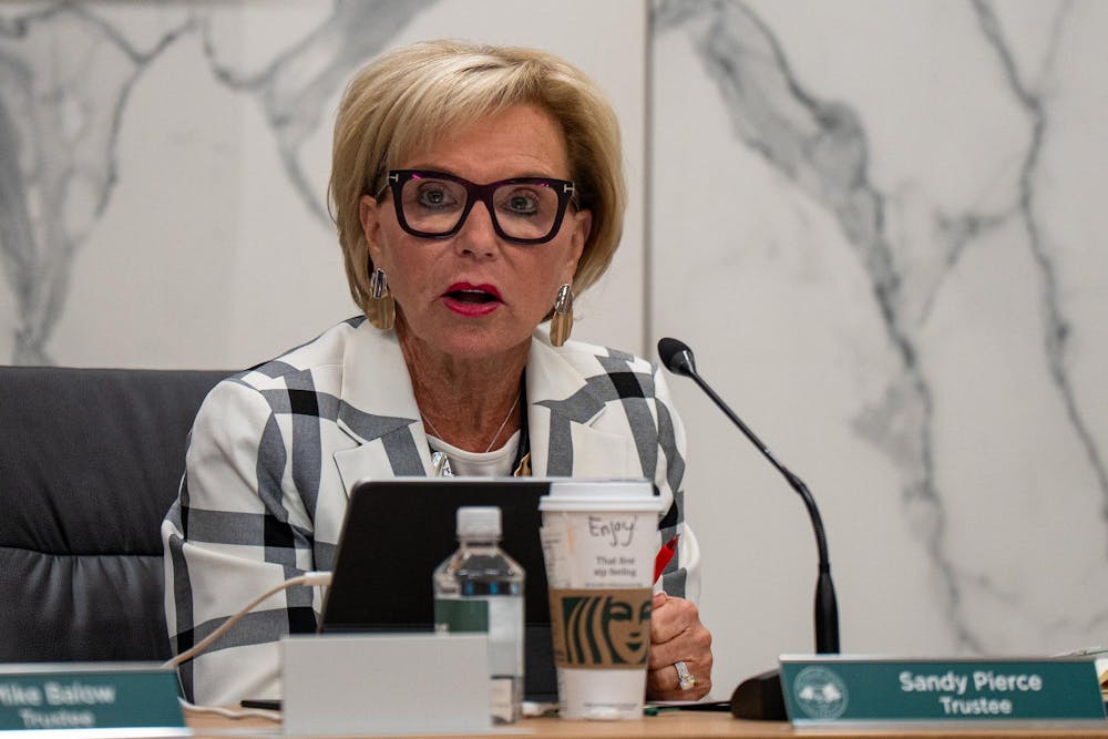 Michigan State University Trustee Sandy Pierce addresses the board at Hannah Administration Building in East Lansing, Michigan on Friday, April 10, 2026.