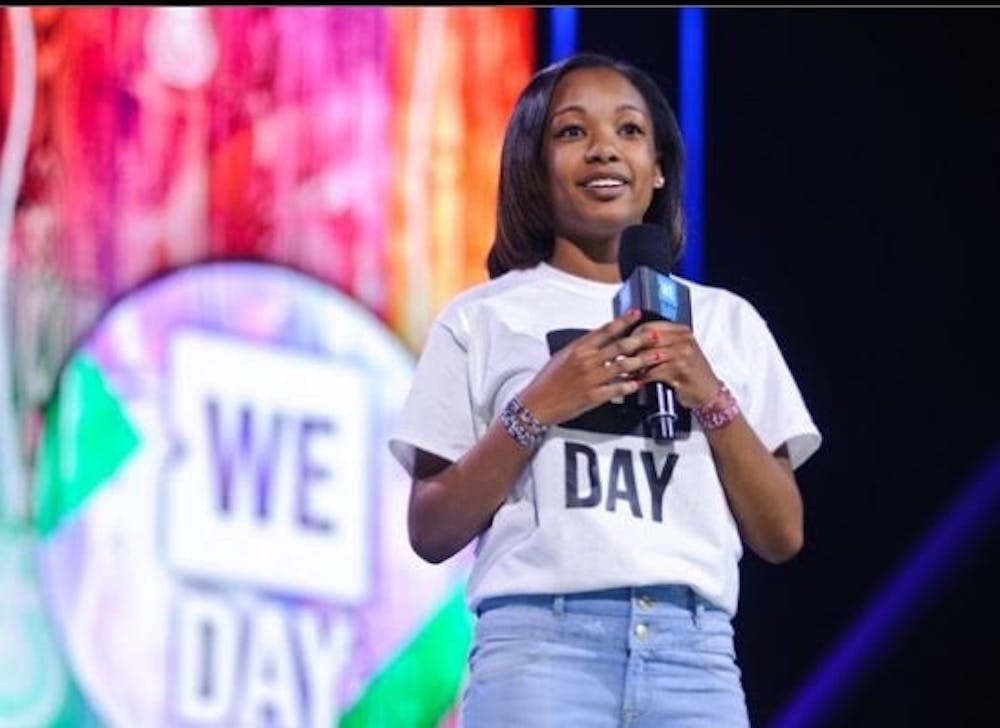 <p>Jade Greear speaking at We Day as the first youth co-chair in 2016. Photo courtesy of Justin Breen</p>