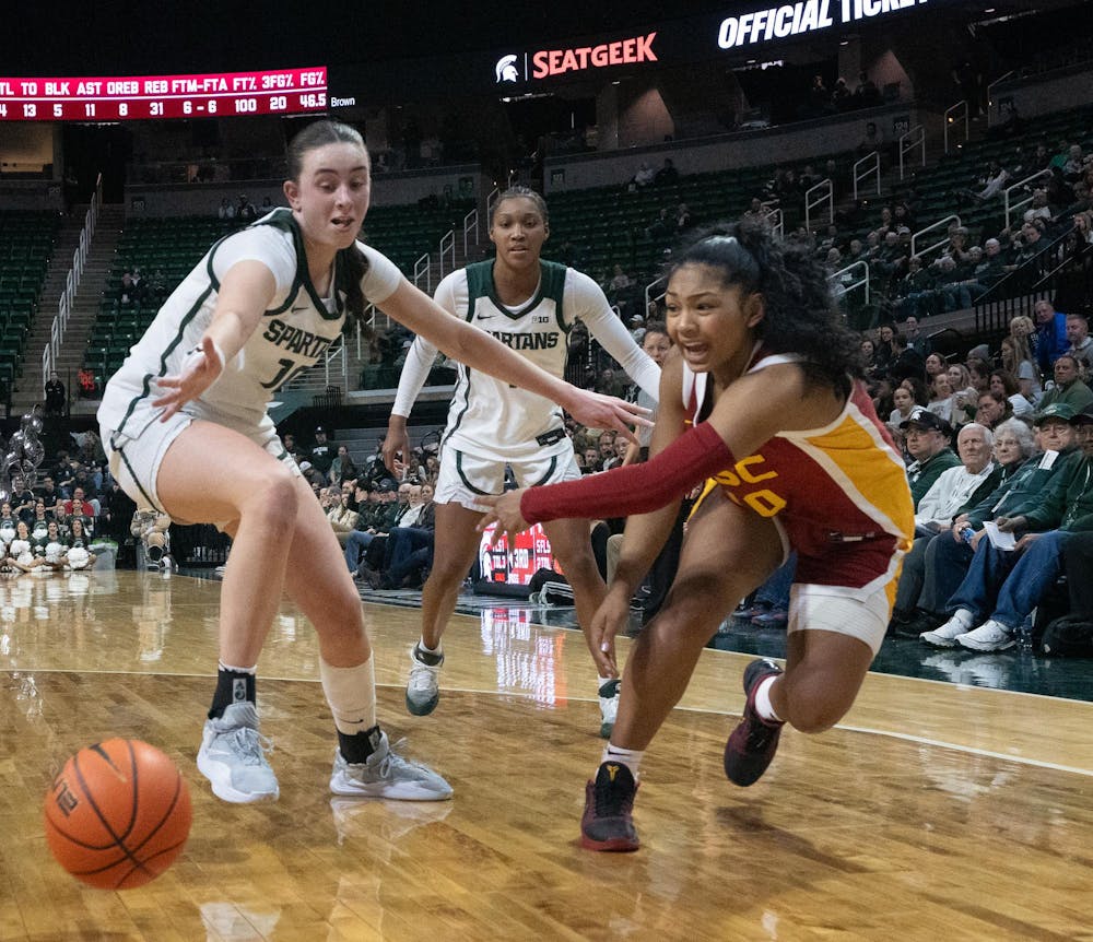 USC junior guard Malia Samuels (10) passes the ball away from MSU defenders during the matchup at the Breslin Center on Jan. 22, 2026.