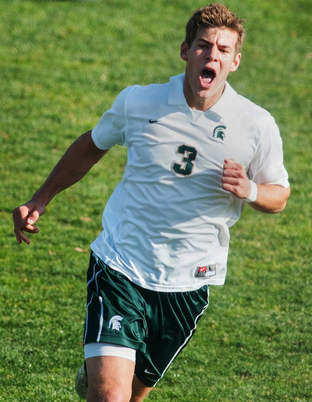 	<p>Junior defender Kevin Cope celebrates after assisting on senior midfielder Nick Wilson&#8217;s goal Thursday, Nov. 15, 2012, at DeMartin Stadium at Old College Field. The Spartans defeated Cleveland State, 2-1, in the first round of the <span class="caps">NCAA</span> Tournament. Adam Toolin/The State News</p>