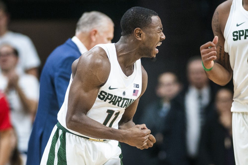 Junior guard Lourawls Nairn Jr. (11) expresses emotion during the second half of the men's basketball game against Youngstown State on Dec. 6, 2016 at Breslin Center. The Spartans defeated the Penguins, 77-57.