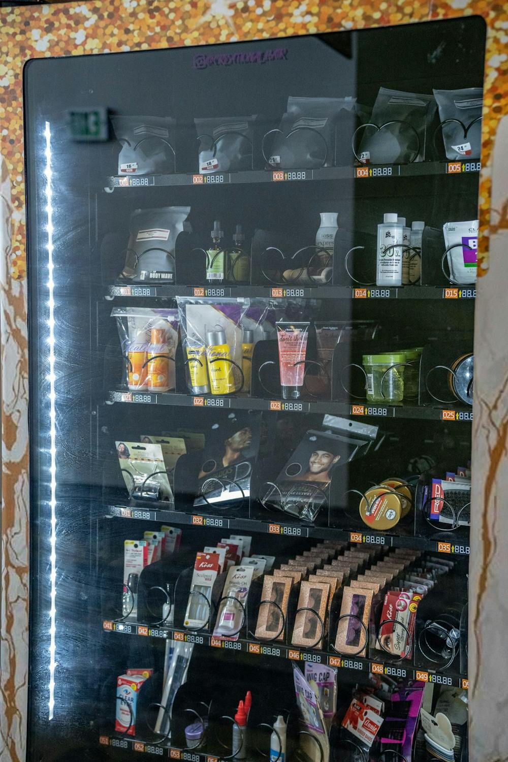 The products in the Creational Hair beauty vending machine in Brody Square on April 13, 2023.