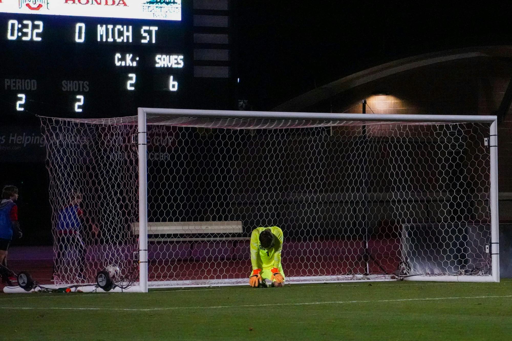 Senior goalkeeper Owen Finnerty takes in the loss after the last minute goal from Ohio State forward Devyn Etling. Photo by Ethan Hunter. 