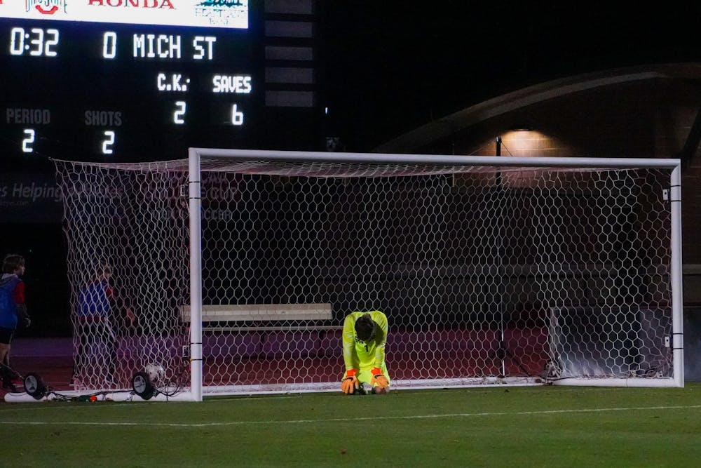 Senior goalkeeper Owen Finnerty takes in the loss after the last minute goal from Ohio State forward Devyn Etling. Photo by Ethan Hunter. 