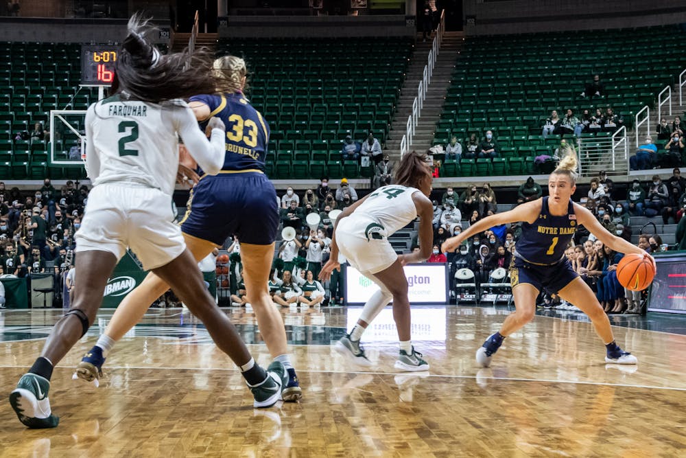 Michigan State's Nia Clouden (24) defends against Notre Dame's Dara Mabrey (1) during Michigan State's loss on Dec. 2, 2021.
