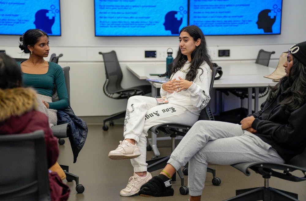 Neuroscience and physiology sophomore and We are SAATH club secretary Manasi Kulkarni during a “Dialogue Night” meeting at the Minskoff Pavilion on Nov. 14, 2023. During the meeting, they discussed their personal stories dealing with mental health. 