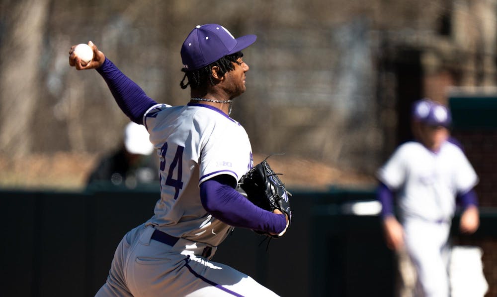 <p>Northwestern junior outfielder Jack Lausch (4) throws the ball at McLane Stadium on April 12, 2025.</p>