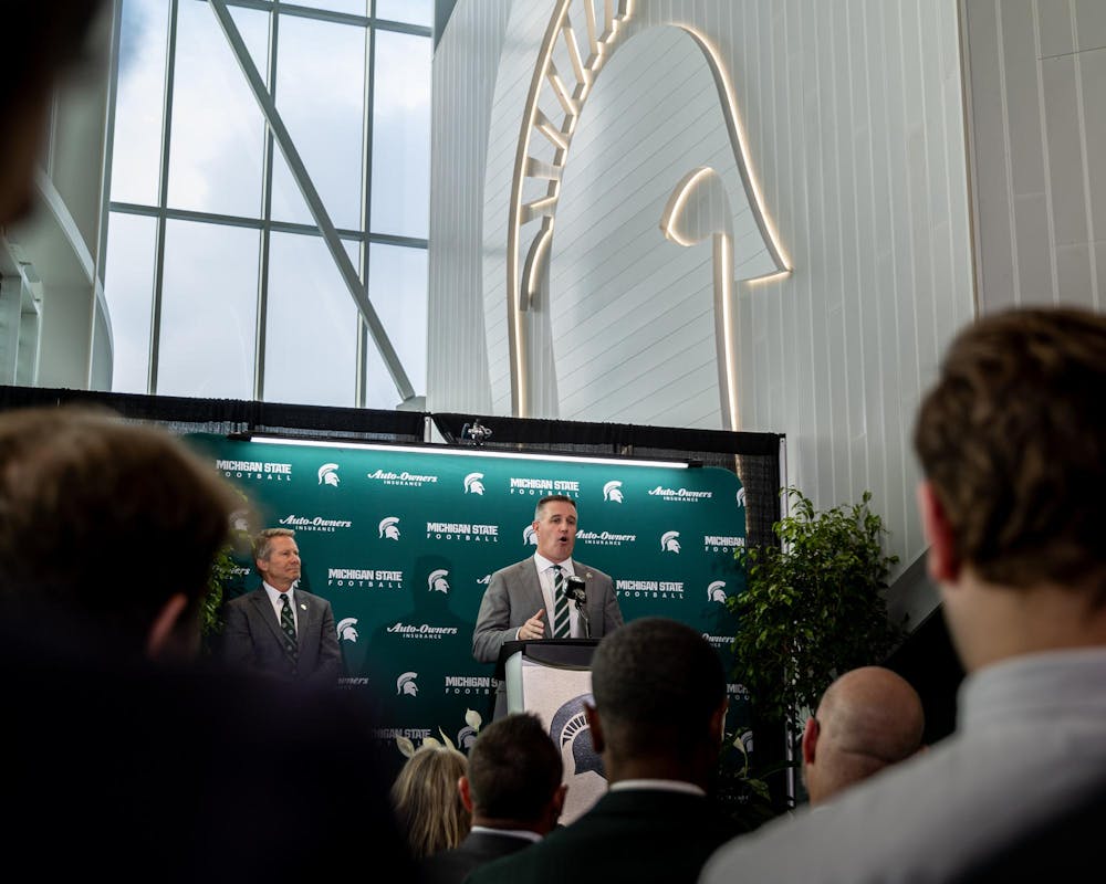 MSU's new football HC Pat Fitzgerald addresses a question from the crowd in the Tom Izzo football building in East Lansing, MI on Dec. 2, 2025.