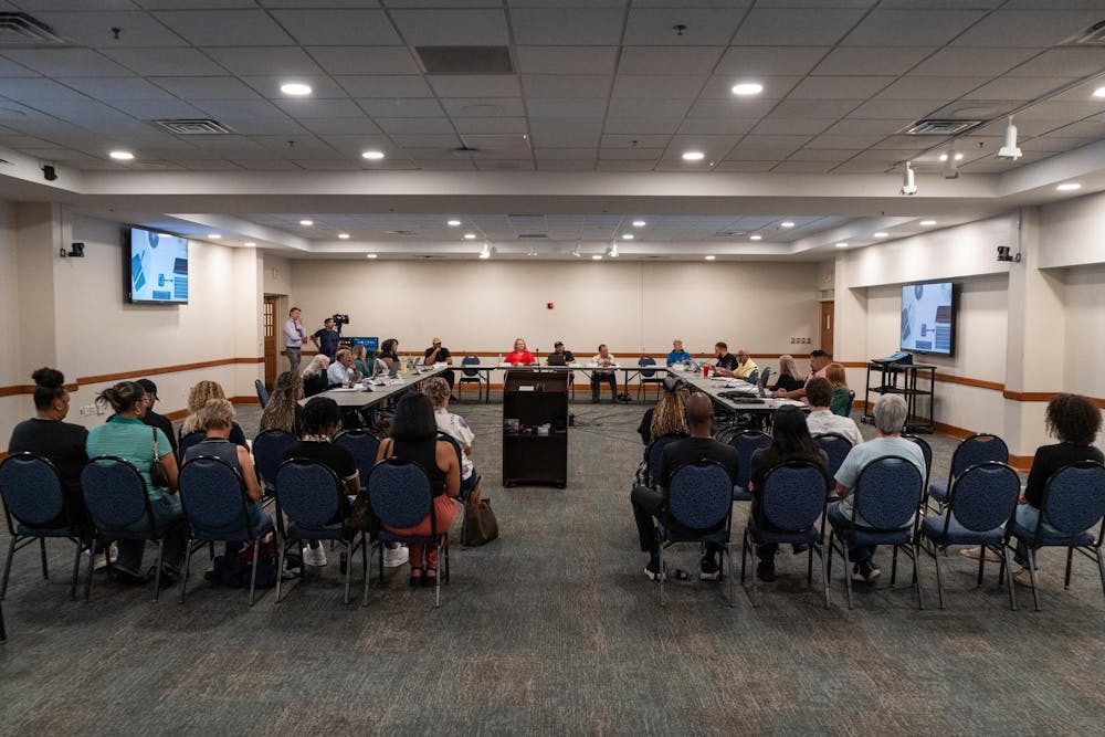 <p>Community members gather for an East Lansing Independent Police Oversight Commission (ELIPOC) meeting at the Hannah Community Center in East Lansing, Mich., on Aug. 5, 2026.</p>