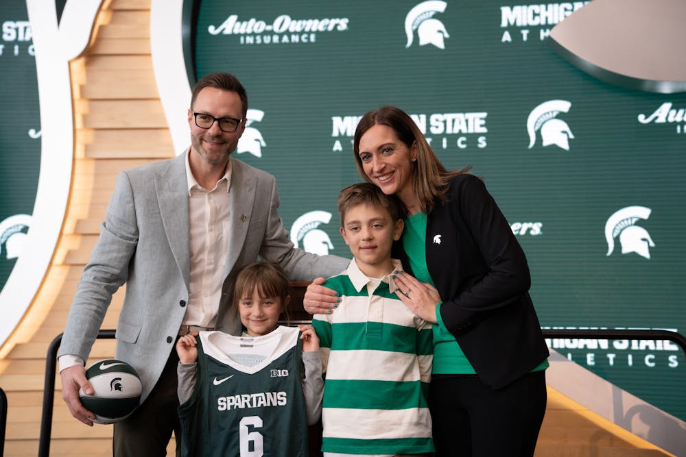 New MSU head coach, Robyn Fralick and family at the press conference held at the Breslin Center on, Apr. 4, 2023.