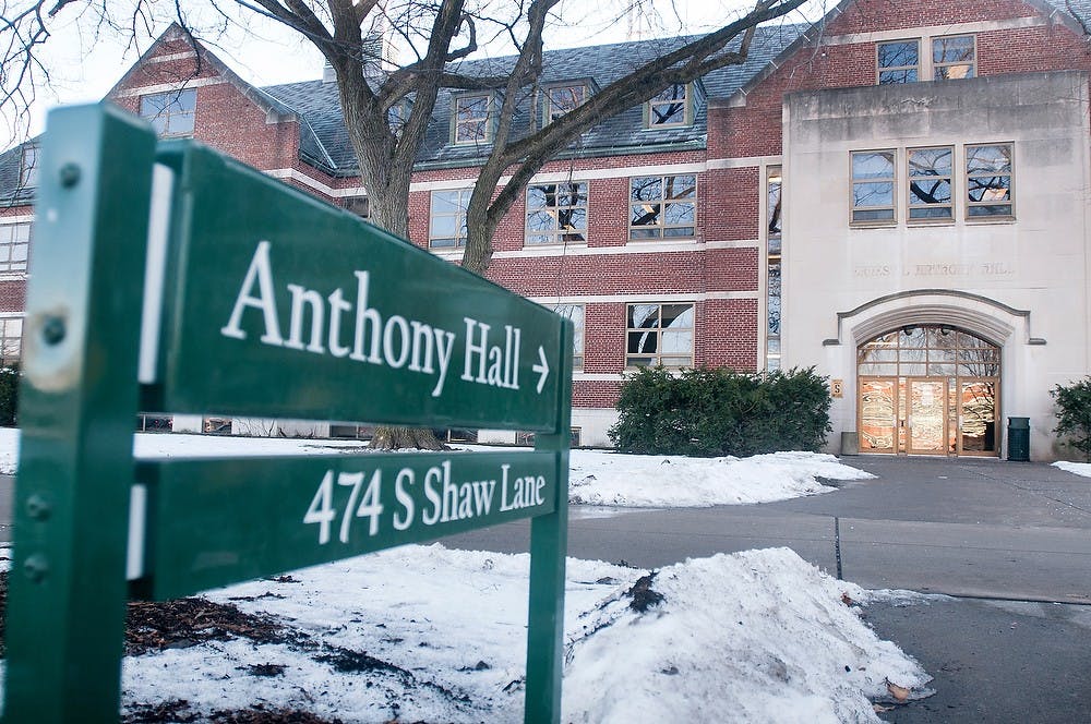 	<p>Anthony Hall, located at 474 S. Shaw Lane, photographed on Wednesday, Jan. 9, 2013. The hall is one of several buildings approved for renovations by the <span class="caps">MSU</span> Board of Trustees, and construction plans are set for May 2013. Danyelle Morrow/The State News</p>
