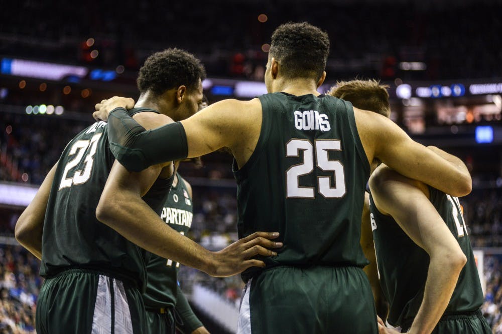 The Spartans huddle during the game against Duke at Capital One Arena on March 31, 2019. The Spartans defeated the Blue Devils, 68-67. The Spartans are the East Regional Winners and are headed to the Final Four.