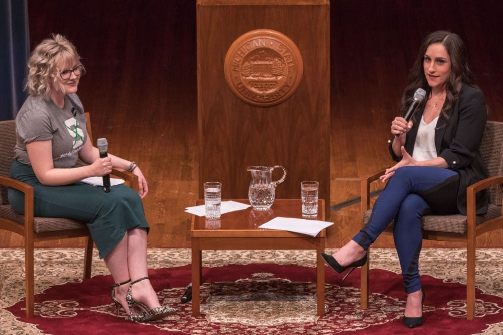 Olympian and Nassar survivor Jordyn Wieber speaks with the moderator of the Q&A portion of the night, president of Michigan State University's Sexual Assault Crisis Intervention Team Anna Cumming on March 22, 2018 at the Wharton Center. Wieber addressed the crowd about her process of realization, her support system, as well as several other topics.