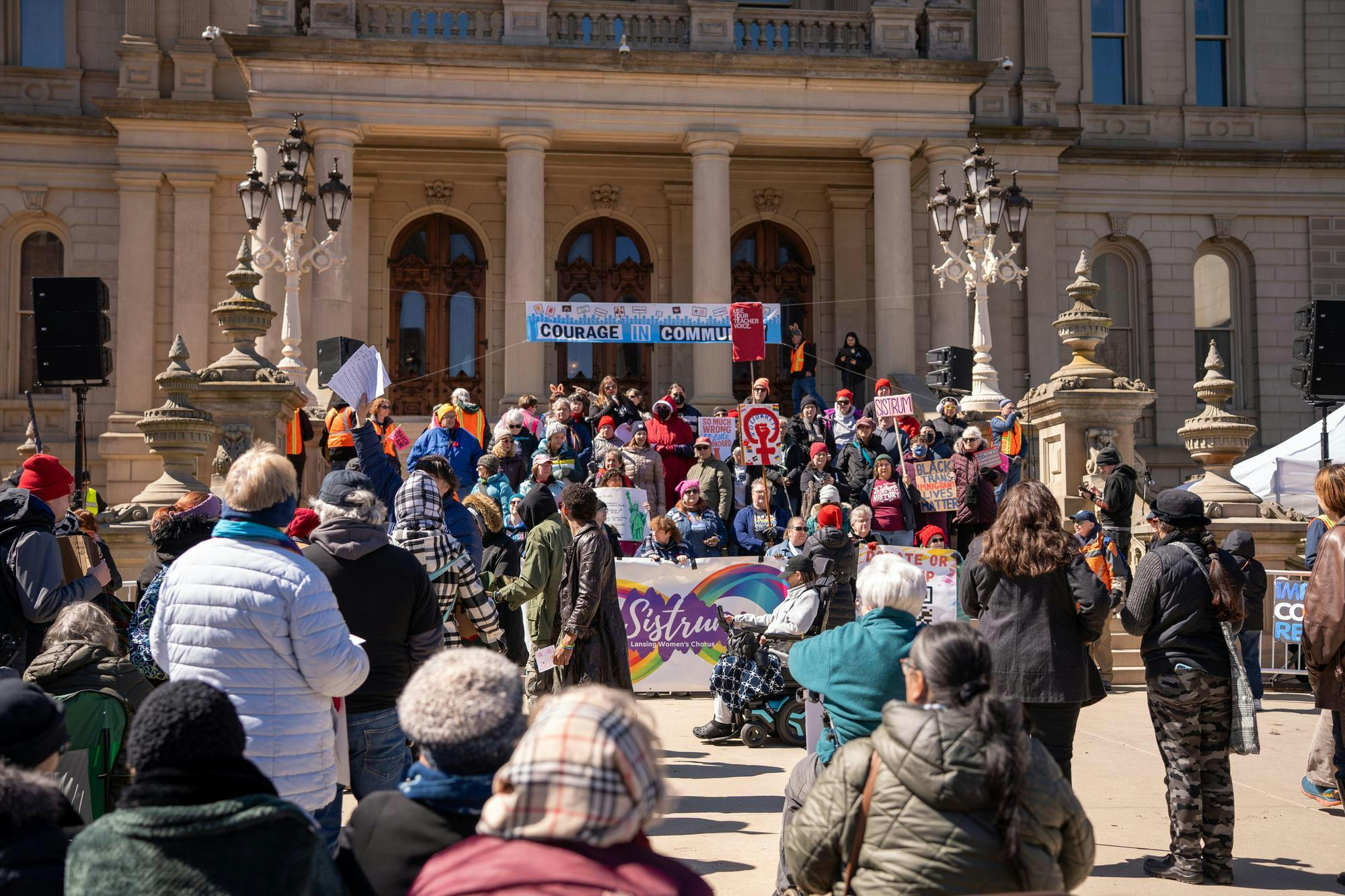 <p>The Sistrum’s Lansing women’s choir performs during the No Kings Protest at the Michigan State Capitol in Lansing, MI on March 28, 2026.</p>
