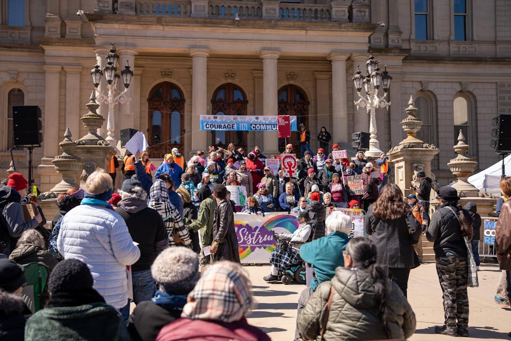 <p>The Sistrum’s Lansing women’s choir performs during the No Kings Protest at the Michigan State Capitol in Lansing, MI on March 28, 2026.</p>