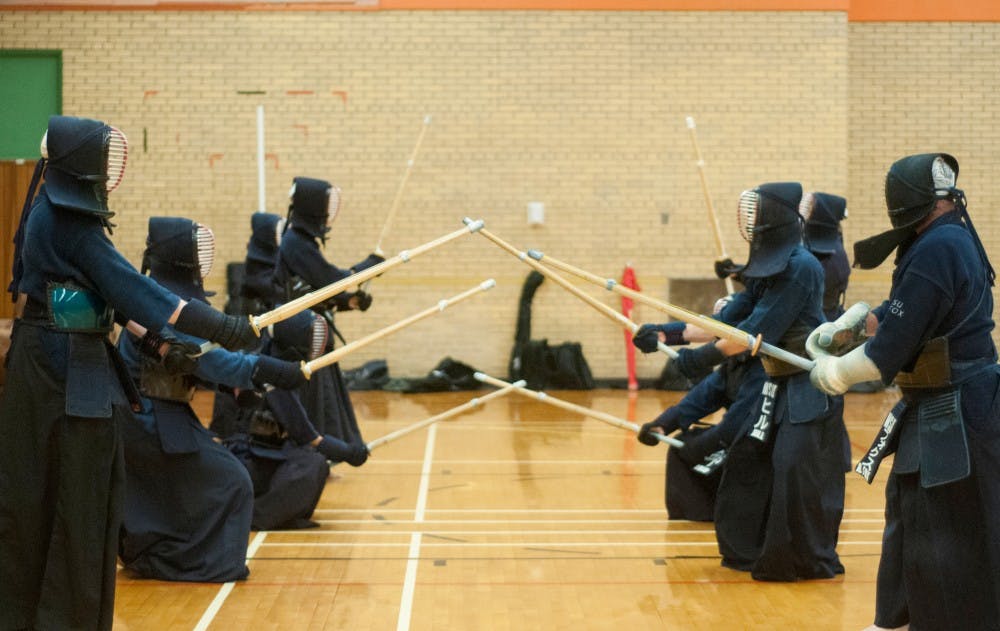 <p>The MSU Kendo Club advanced members practice Sept. 8, 2015. Kendo is a Japanese martial art that teaches discipline in both body and mind. This is the club's second meeting for the semester. </p>