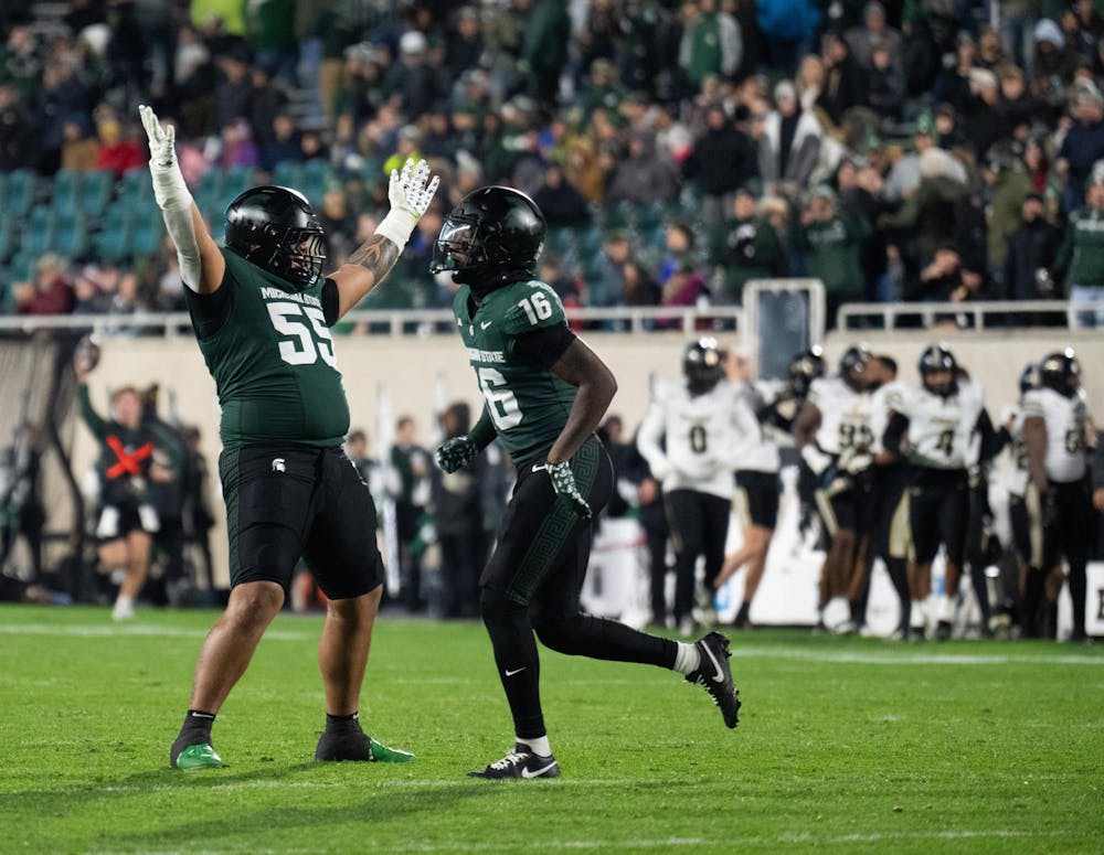 <p>MSU red-shirt sophomore defensive lineman Ben Roberts (55) taunts Purdue after a sack at Spartan Stadium on Nov. 22, 2024.</p>