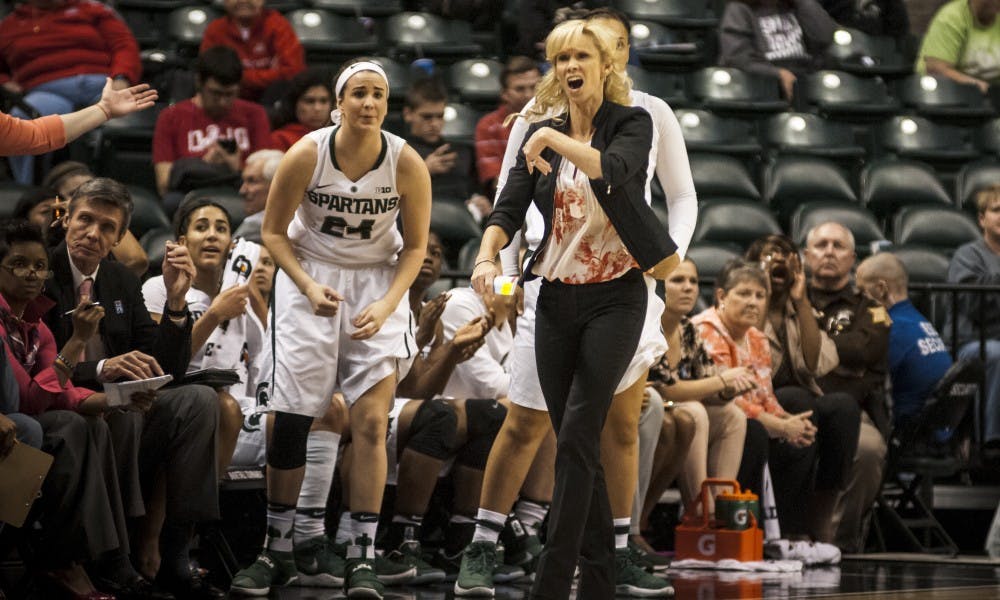 Head coach Suzy Merchant shows emotion during the game against the Maryland in the semi-final round of the women's Big Ten Tournament on March 4, 2017 at Bankers Life Fieldhouse in Indianapolis. The Spartans were defeated by the Terrapins, 100-89.