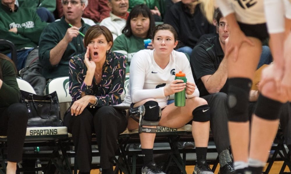 Head coach Cathy George calls out to the team during the first round of the NCAA Championship against Fairfield University on Dec. 2, 2016 at Jenison Field House. The Spartans defeated the Stags, 3-0.