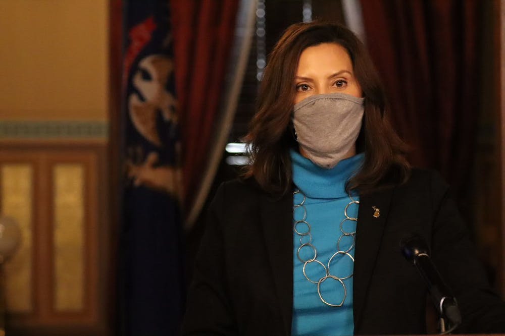 <p>Michigan Gov. Gretchen Whitmer provides an update about COVID-19 at a Nov. 12 press conference. COURTESY OF Michigan Executive Office of the governor.</p>