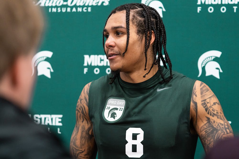 <p>Michigan State redshirt junior Jalen Nailor during his Pro Day press conference on Mar. 16, 2022 in the Duffy Daugherty Indoor Football Building.</p>