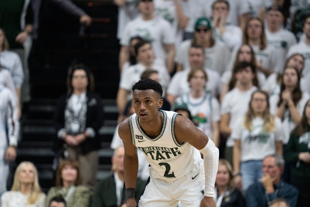 <p>Senior Guard Tyson Walker, guarding at the Iowa v. MSU game held at the Breslin Center on Jan. 26, 2023. The Spartans defeated the Hawkeyes 61-63.</p>