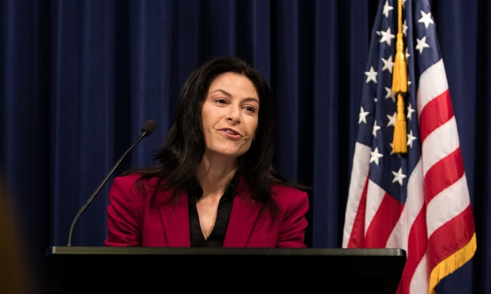 Michigan Attorney General Dana Nessel speaks during a press conference at the G. Mennen Williams Building in Lansing on Feb. 21, 2019.