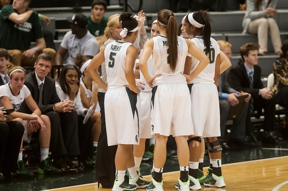 	<p>Head coach Suzy Merchant talks to the team Nov. 20, 2013, at the Breslin Center. <span class="caps">MSU</span> defeated UofD 80-41. Margaux Forster/The State News</p>