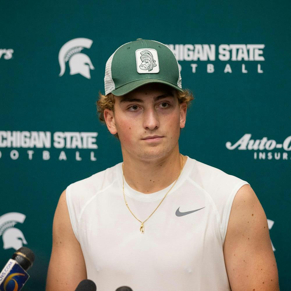 <p>Michigan State QB, Alessio Milivojevic, answers questions during a press conference in the Skandalaris Football building in East Lansing, Mich., on Aug. 6, 2026.</p>