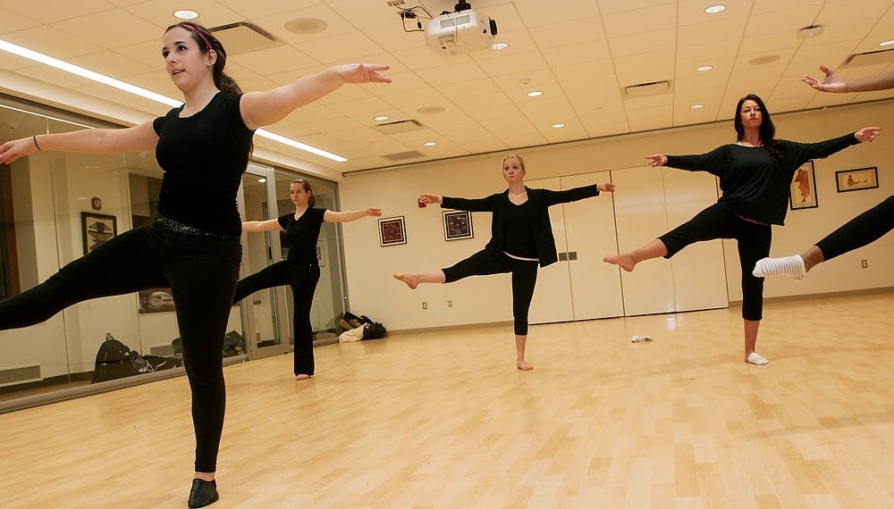 <p>From left to right, computer science sophomore Danielle Scherr, chemistry junior Rebecca Tausher, elementary education sophomore Kathryn Hale and elementary education junior Nicole Gloden practice March 18, 2014, at the Union. The girls are members of MSU's new dance club "Spartan ShowStoppers." Allison Brooks/The State News</p>