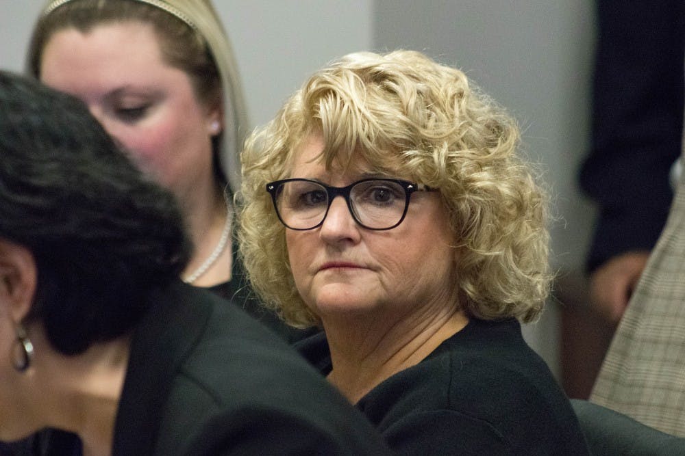 Ex-MSU gymnastics coach Kathie Klages during a preliminary hearing at 54-A District Court on Sept. 27, 2018. Klages is charged with two counts of lying to a peace officer.