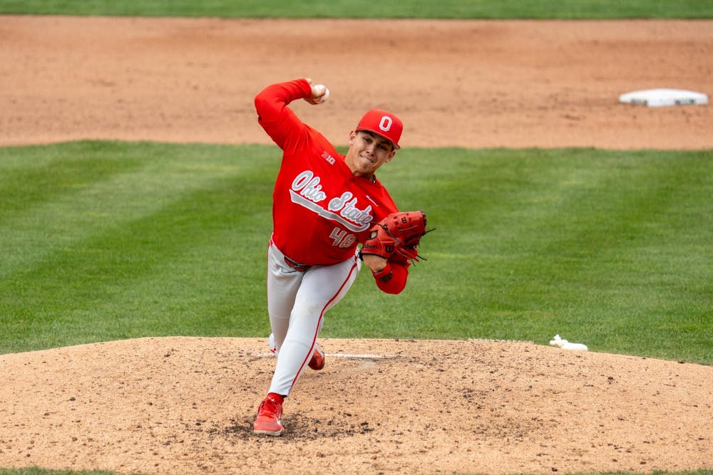 <p>Ohio State freshman pitcher Gavin Kuzniewski (48) prepares to throw the ball at McLane Stadium on April 19, 2025. </p>