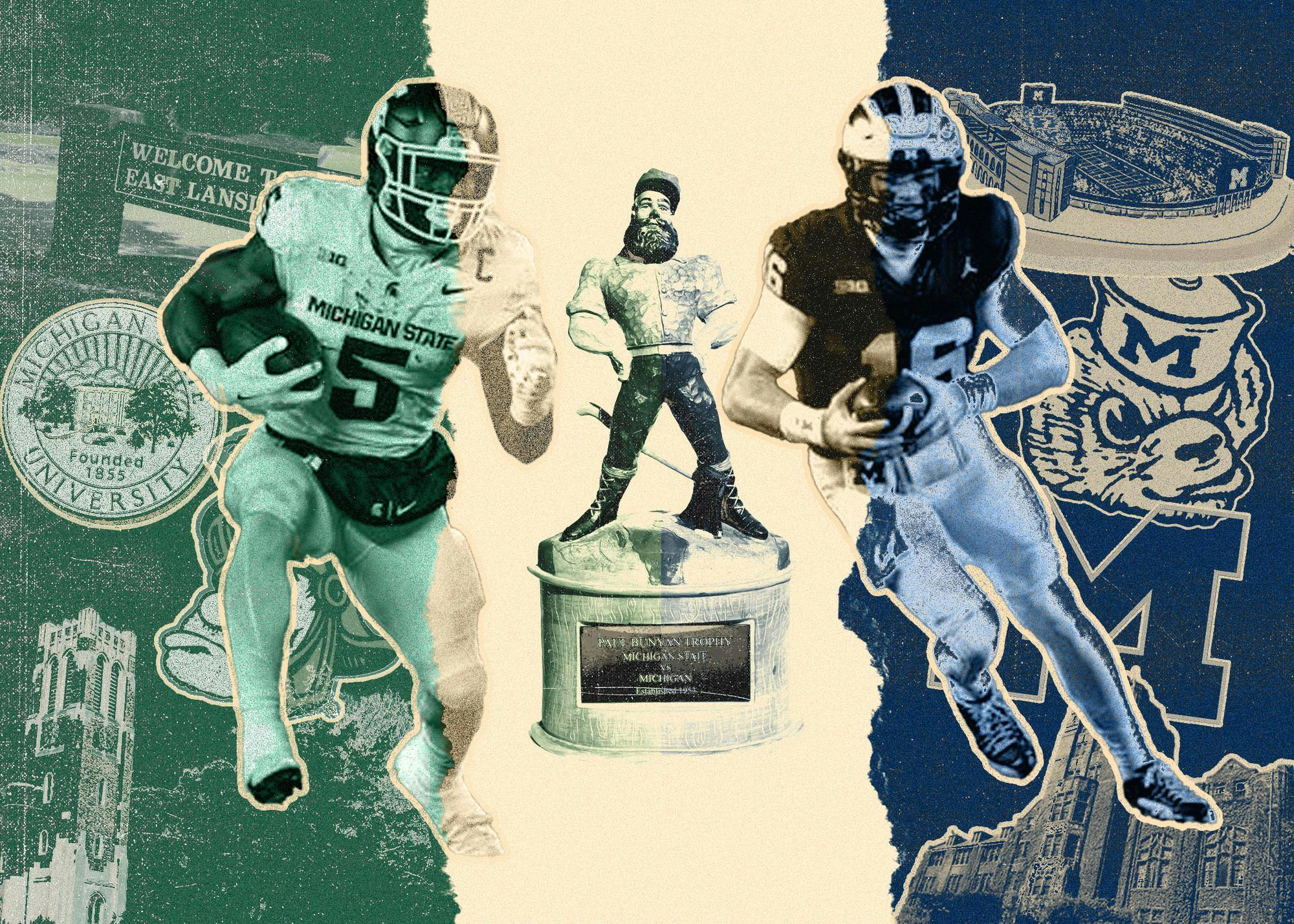 <p>Photo Illustration by Michael Roggenbaum. Photos by Brendan Mullin. The Spartans battled the Wolverines in Ann Arbor in a rivalry matchup to gain privilege of the iconic Paul Bunyan trophy on Oct. 26, 2024.</p>