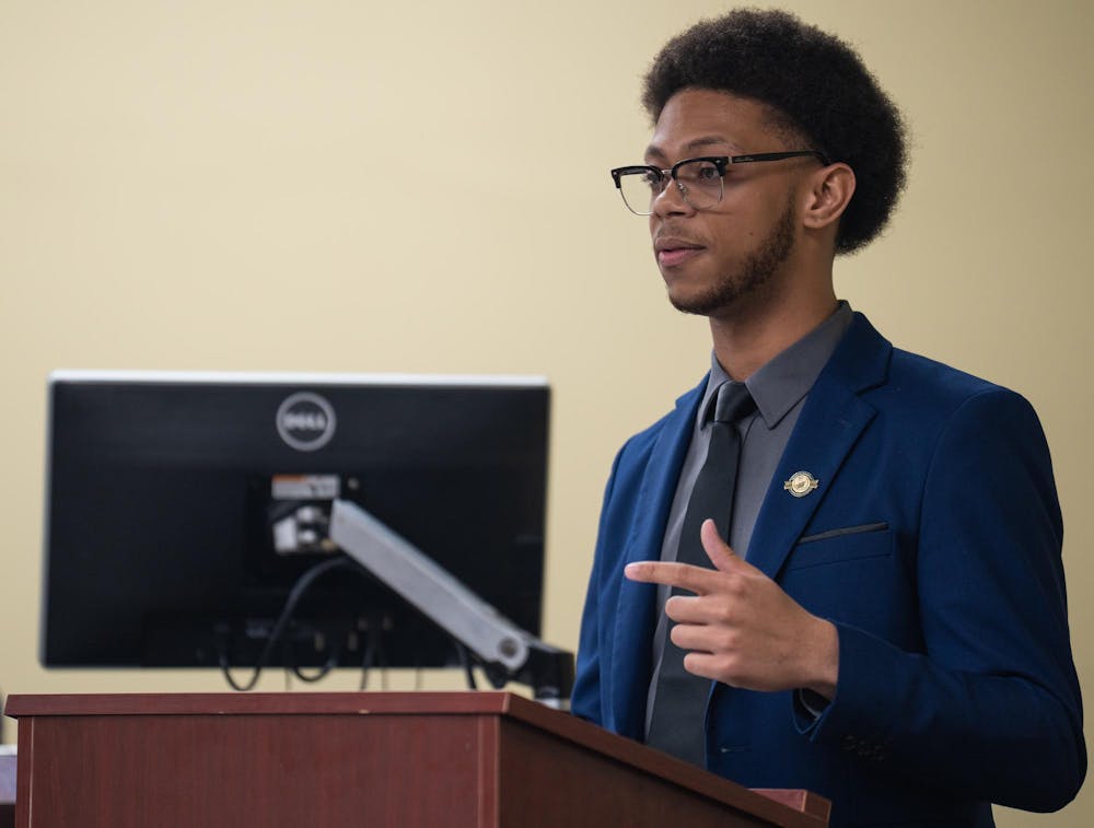 The current ASMSU Vice President for Governmental Affairs, Deonte Sparks, responds to questions from the public during his election race for president in the Student Affairs & Services building in East Lansing, MI on April 14, 2026.