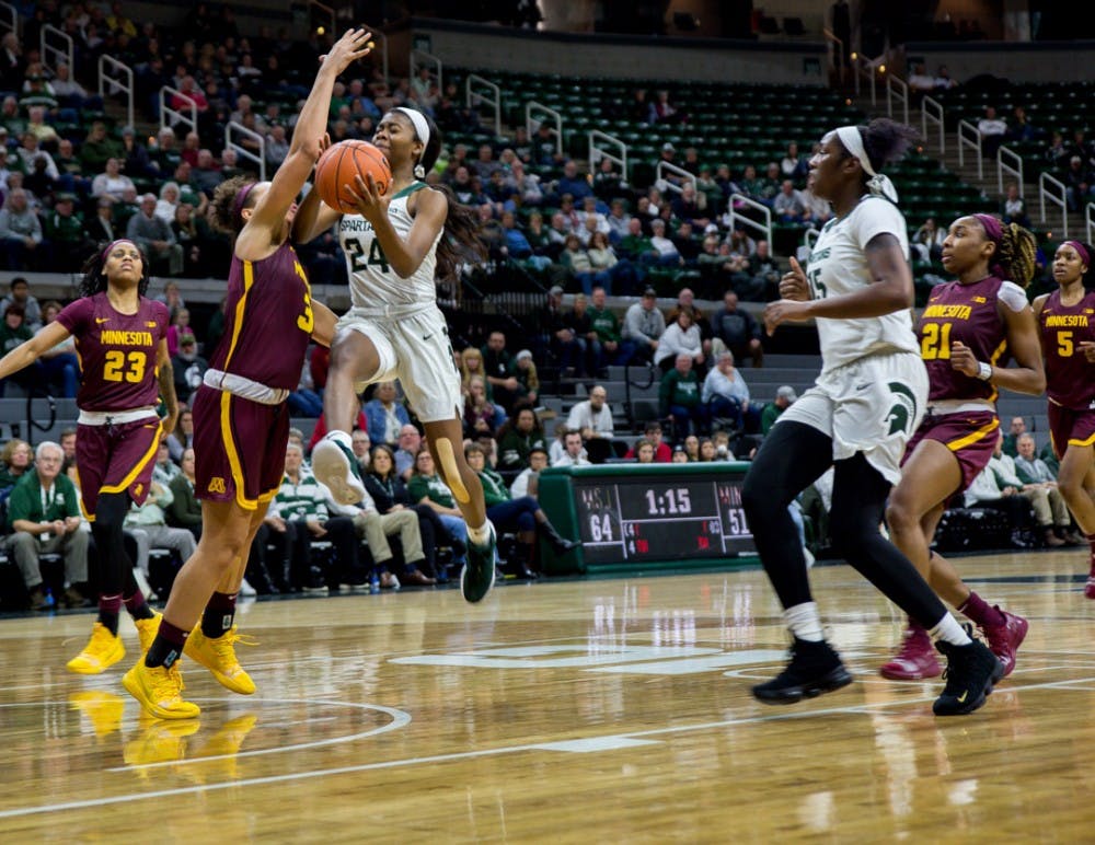 Freshman guard Nia Clouden (24) goes up for a shot during the game against Minnesota on Jan. 9, 2019 at Breslin Center. The Spartans beat the Gophers, 86-68.