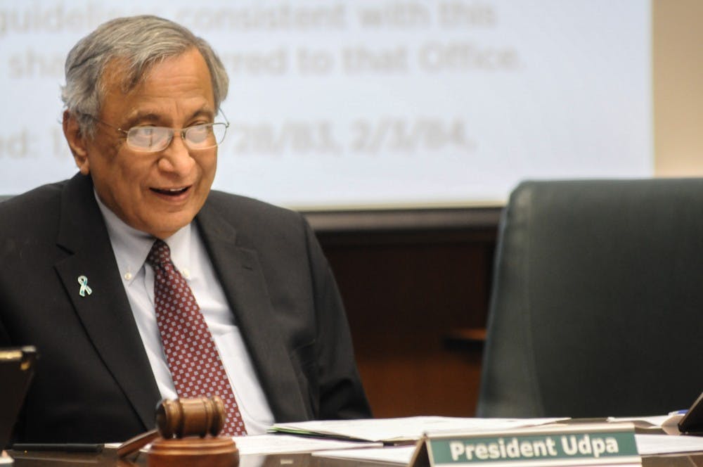 Interim President Satish Udpa speaks at the Board of Trustees meeting on April 12, 2019 at the Administration Building.