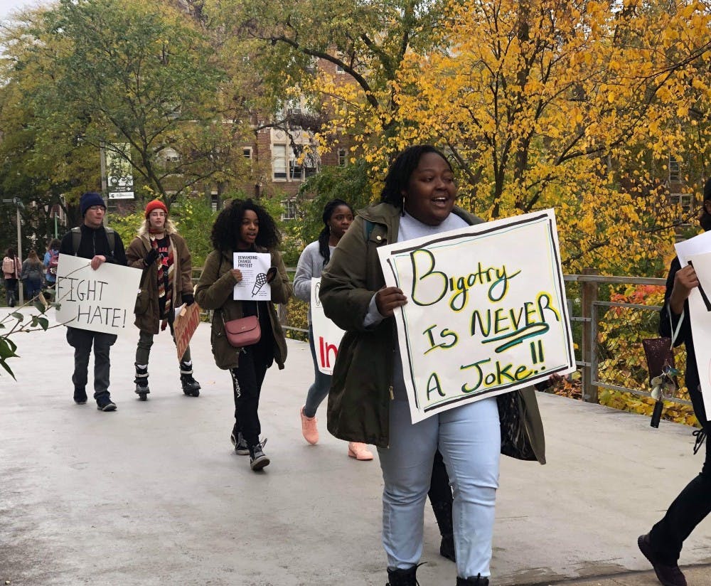 <p>Students protest the recently reported racist incidents on MSU&#x27;s campus at Wells Hall on Oct. 25.</p>
