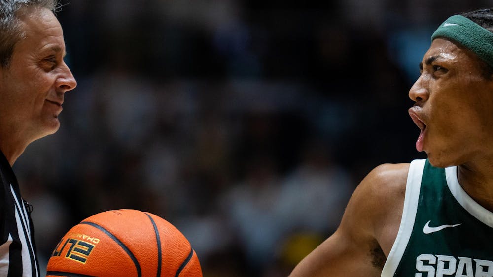 Michigan State redshirt sophomore guard Jeremy Fears Jr. (1) faces off with a referee vs. Purdue University at Mackey Arena in West Lafayette, Indiana on Thursday, Feb. 26, 2026. 