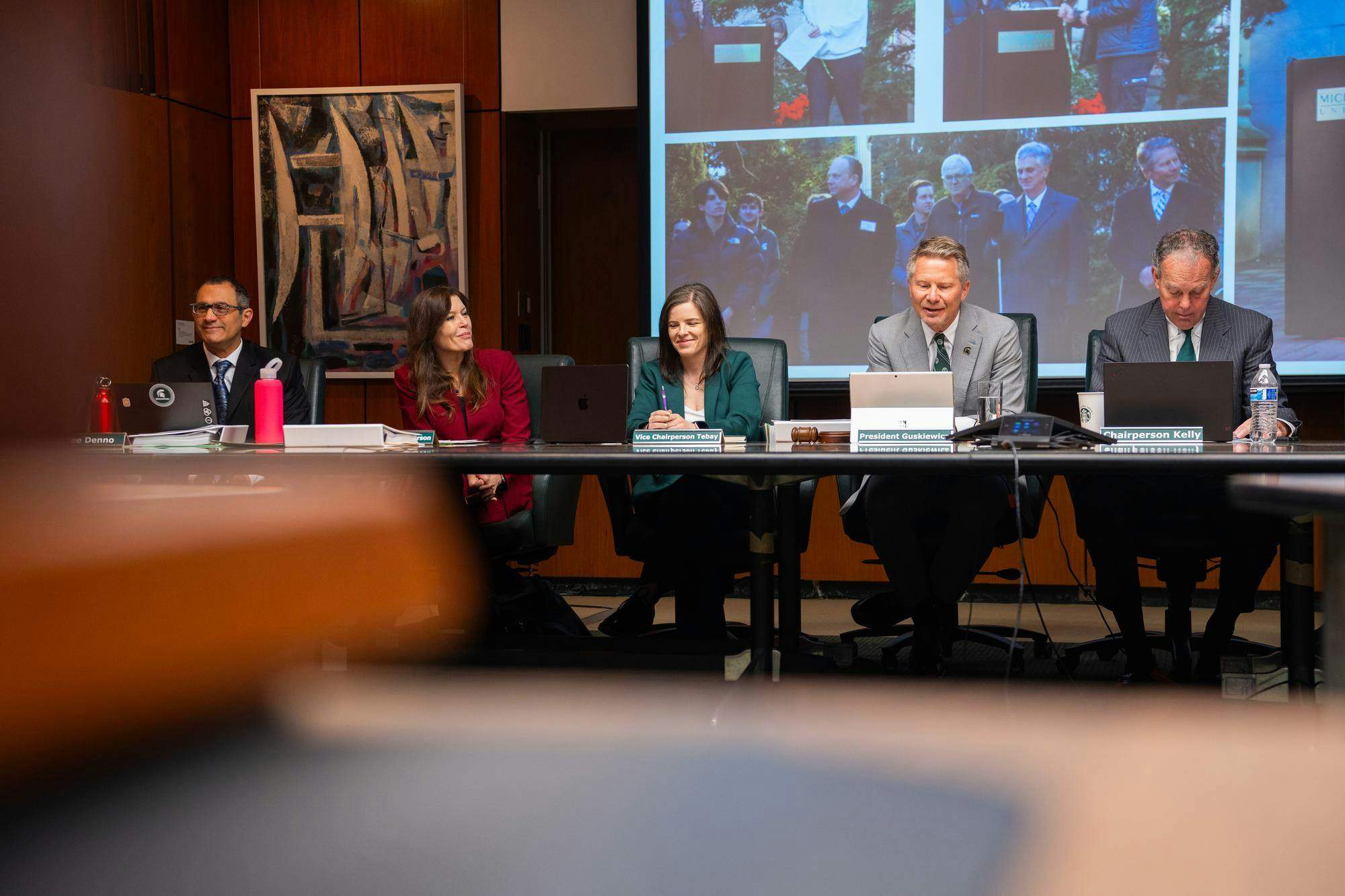 MSU president Kevin Guskiewicz discusses findings from his recent listening tour during a Board of Trustees meeting at the Hannah Administration Building on April 12, 2024.