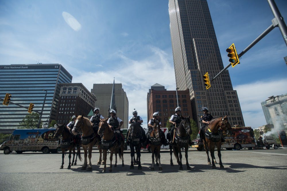 Cleveland Police provide security during the Republican National Convention on July 18, 2016 at the Soldiers and Sailors Monument in Cleveland, Ohio. 