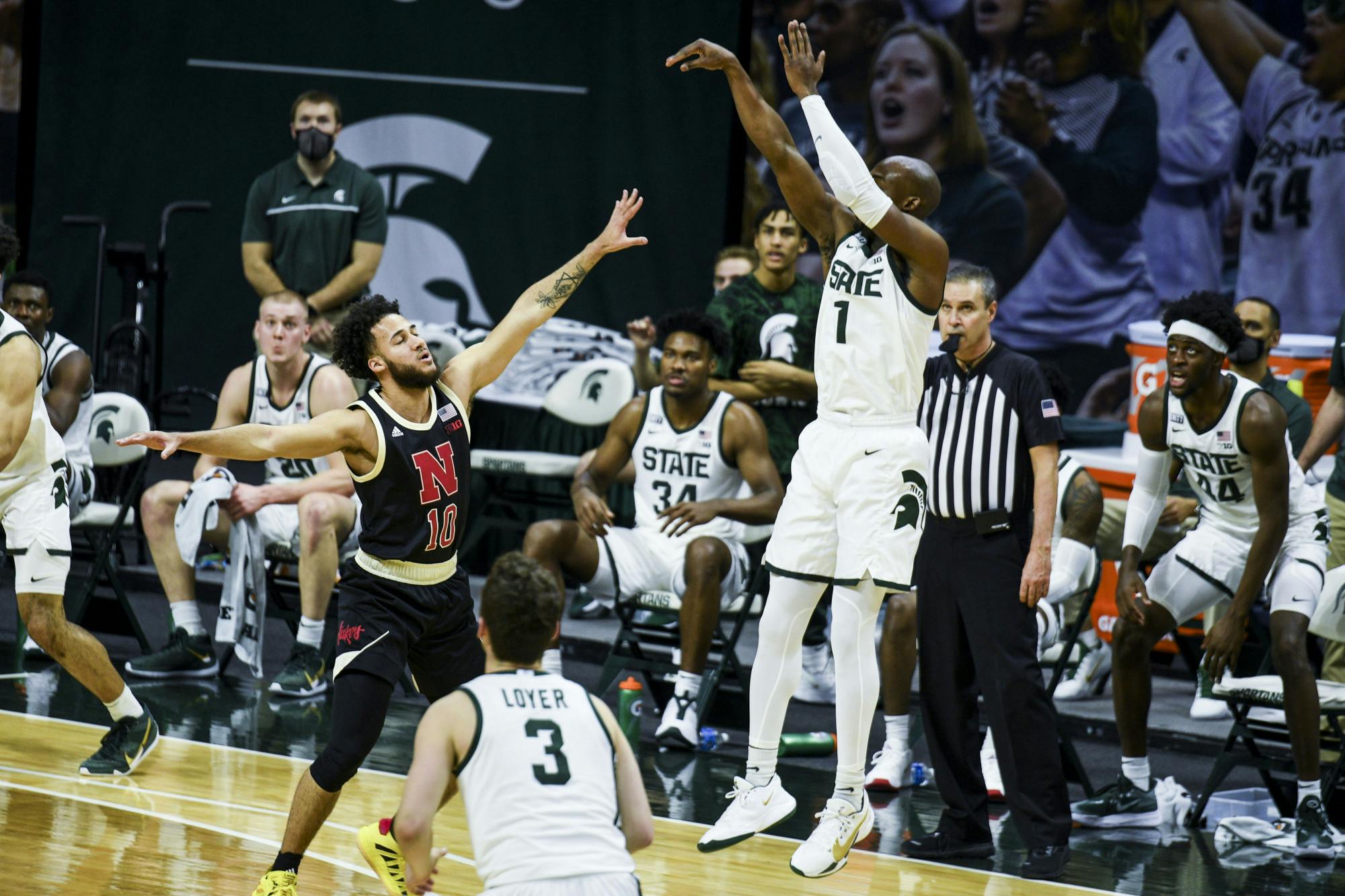 Grad student guard Joshua Langford (1) shoots for a 3-pointer during the game against Nebraska on February 6, 2021 at the Breslin Center. The Spartans defeated the Cornhuskers 66-56.