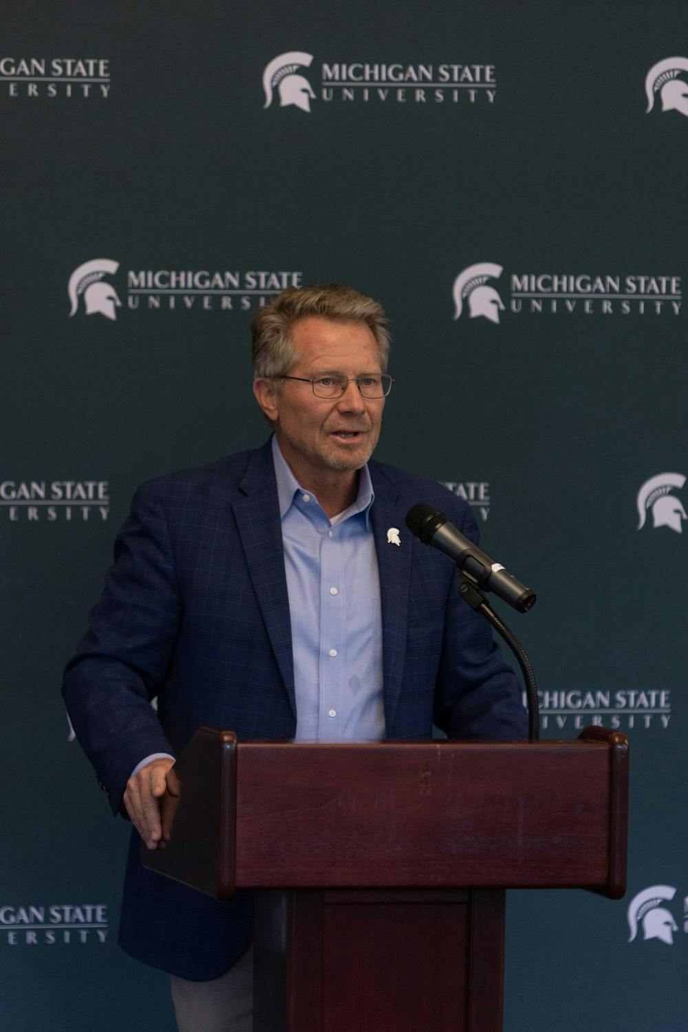 <p>Michigan State president Kevin Guskiewicz speaks about the widespread power outage on campus during a news conference at the Henry Center for Executive Development in East Lansing, Mich. on Monday, September 21, 2026.</p>