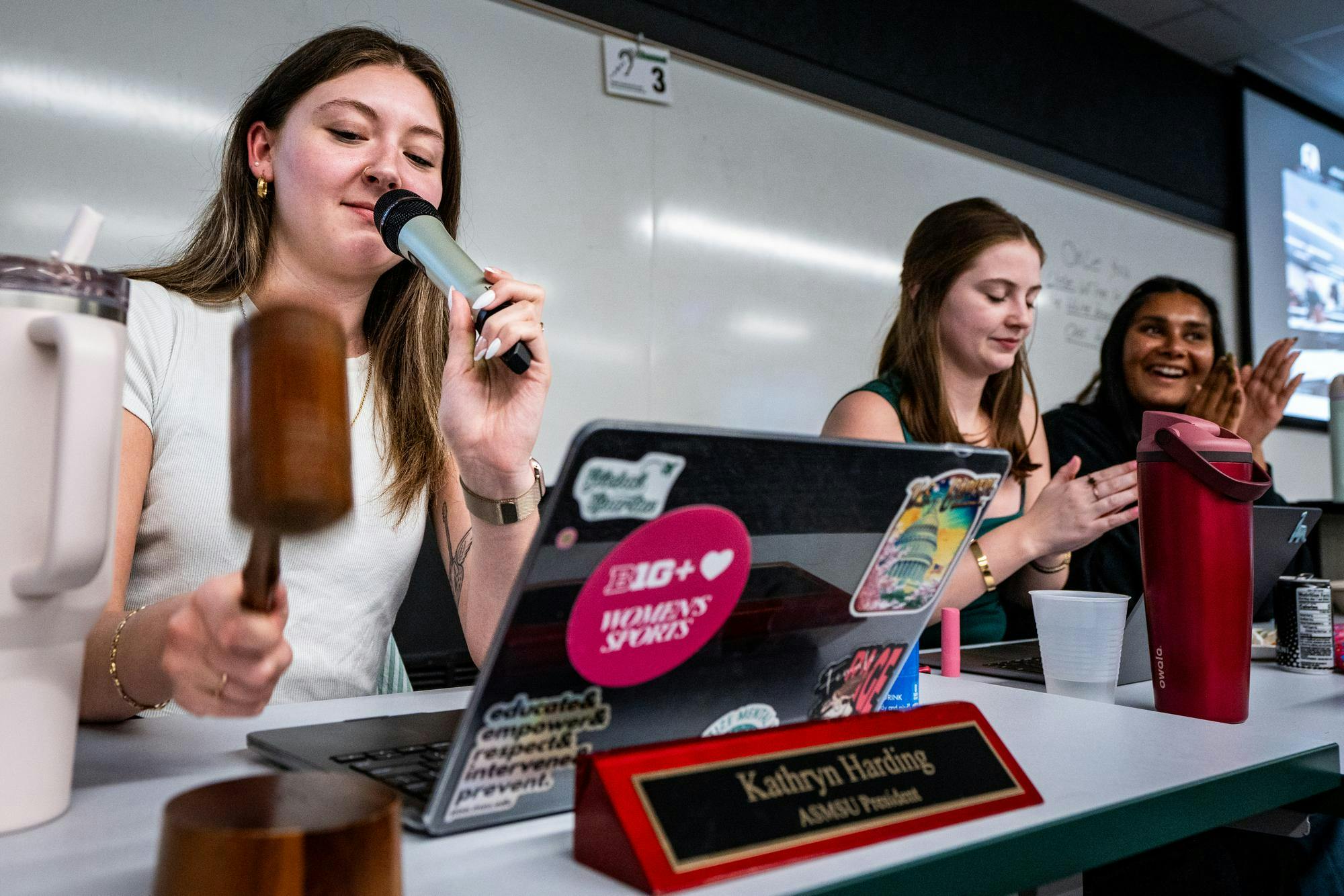 <p>Kathryn Harding, a senior political science major and president of the Associated Students of Michigan State University, adjourns her final ASMSU meeting, closing out the 62nd session, at the International Center on Michigan State University’s campus in East Lansing, Mich., on Thursday, March 27, 2026, at 11:33 p.m. Harding served four years as a member of ASMSU.</p>