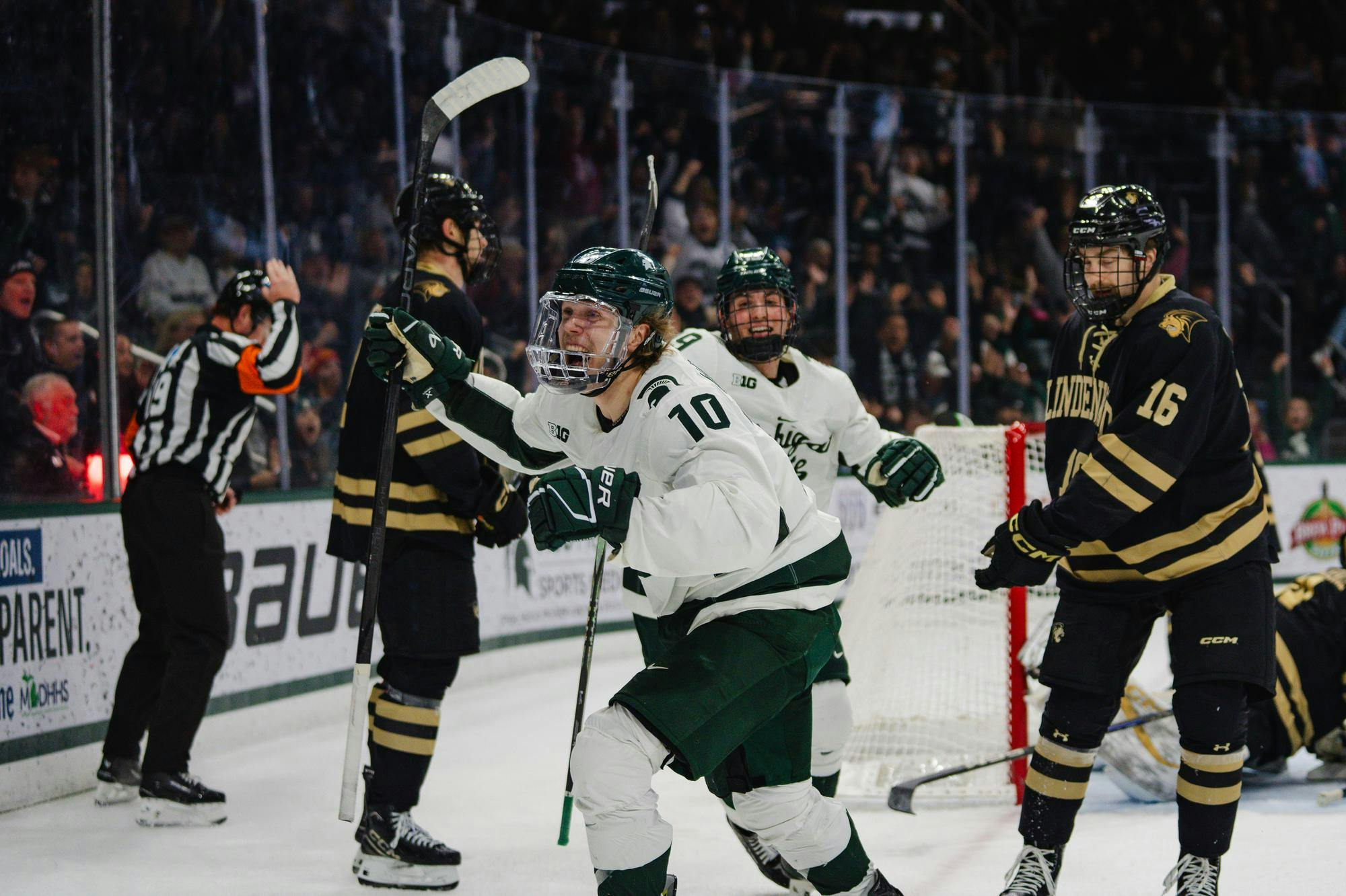 MSU sophomore forward Tommi Mannisto (10) celebrates his goal during a game against Lindenwood at Munn Ice Arena on Nov. 29, 2024.