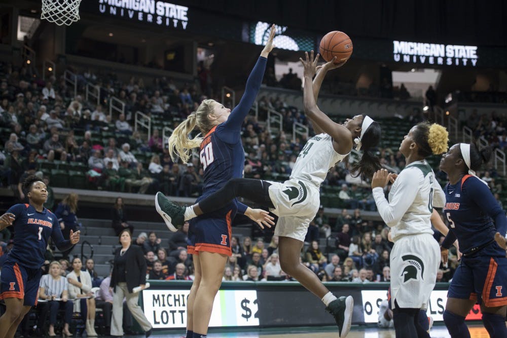 Freshman guard Nia Clouden (24) shoots the ball during the women's basketball game against Illinois at Breslin Center on Jan. 24, 2019. Michigan State defeated Illinois 77-60. Nic Antaya/The State News